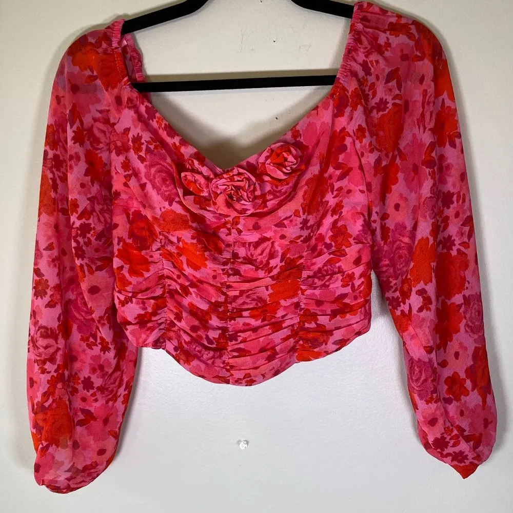 NWOT Free People Oh Lala Top Pink Floral 3D Rosette Chiffon Blouse - Image 7