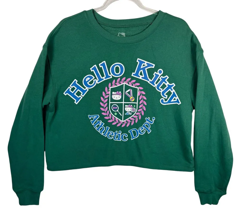 Hello Kitty‎ Athletic Dept Crop Sweatshirt Green Varsity College Y2K Kawaii M - Image 1
