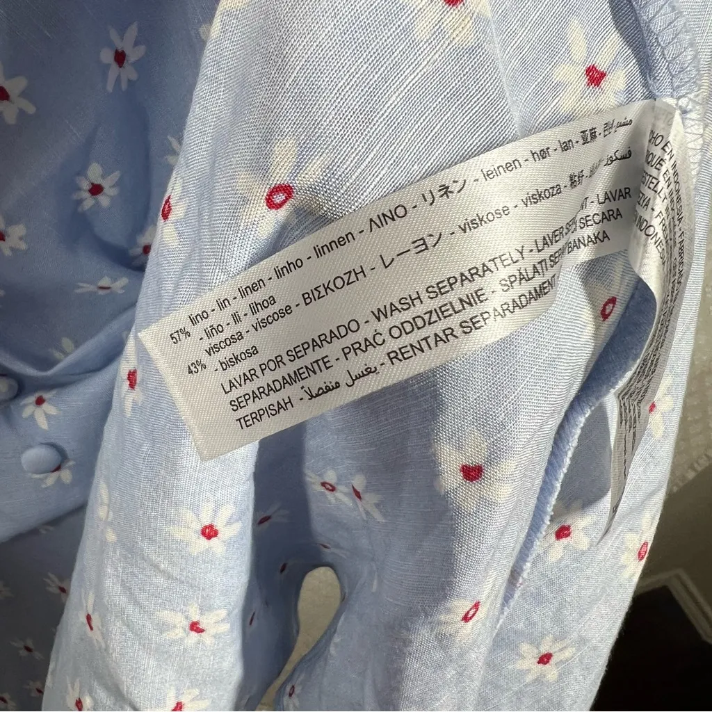 Zara‎ Blue Flower Print Linen Blend Button Front Midi Dress - Image 6