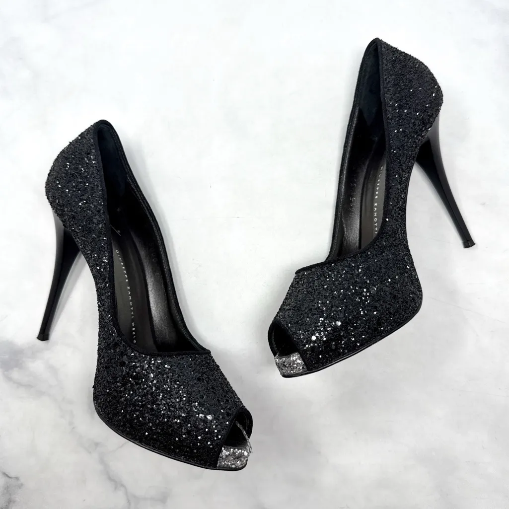 Giuseppe Zanotti Glitter Textured Platform Open Peep Toe Pumps Heels Black 39.5 - Image 3