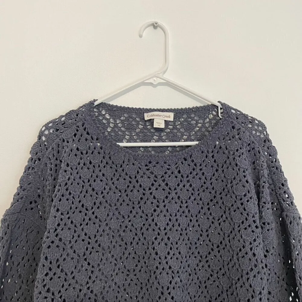 COLDWATER CREEK Gray Open Weave Knit Chenille Crew Neck Sweater PETITE Small PS - Image 3