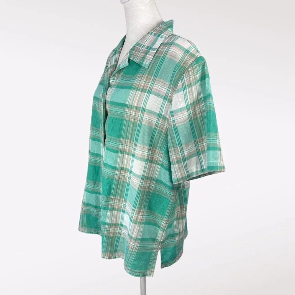 Vintage Allison Daley Plaid Short Sleeve Button Down Shirt Green White 16P - Image 4