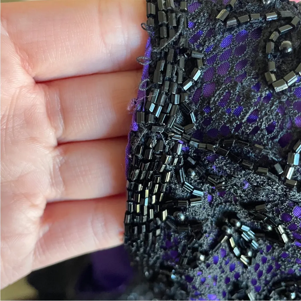 Vintage 90s Laurence Kazar Beaded Lace Netted Black Purple Tank Top Size Large - Image 3