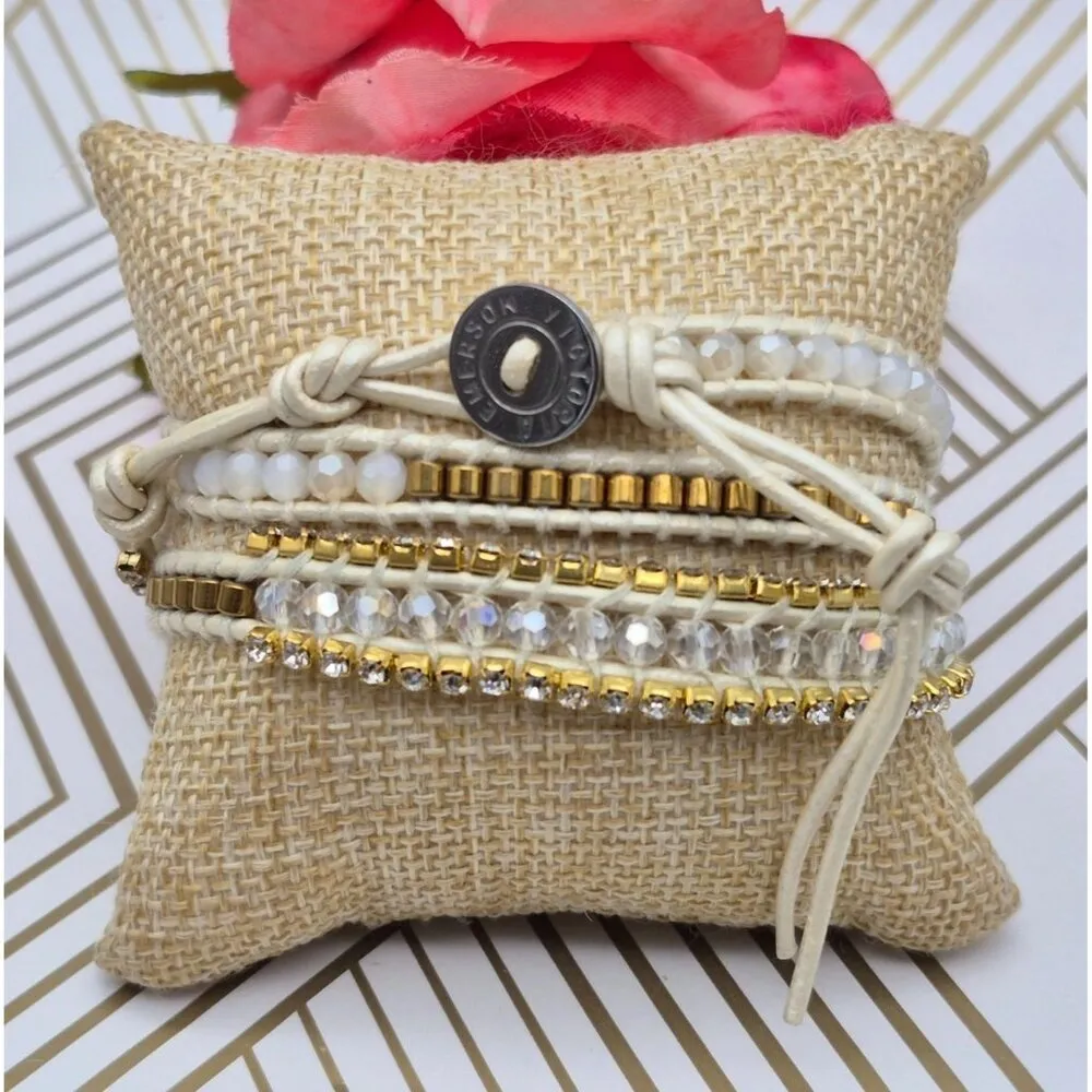 Victoria Emerson Gold & White Beaded Rhinestone Wrap Bracelet 23" Boho Casual - Image 3
