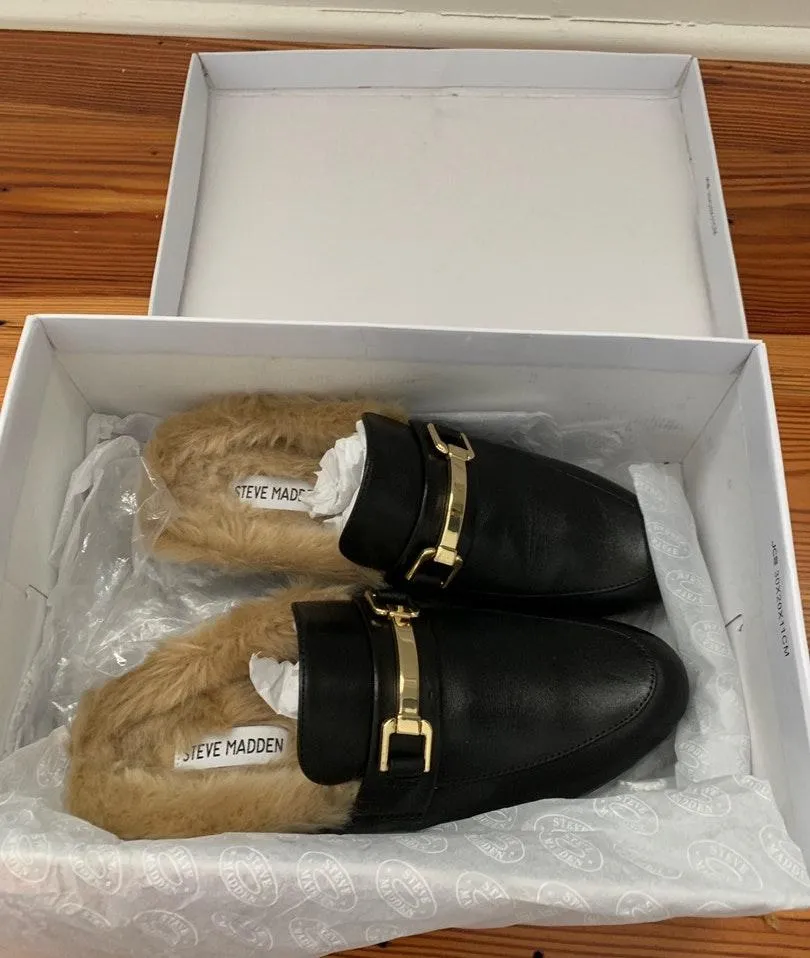 Steve Madden  Khloe Black Leather Fur Loafer-Mule - Image 3