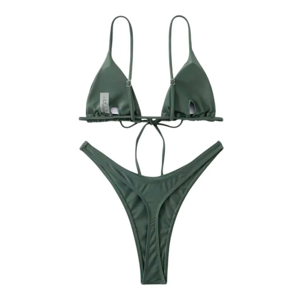 Tie Front Triangle Bikini Set in Green, Size S​​ - Image 2