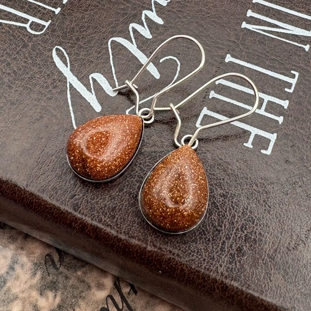 Goldstone Teardrop Earrings Stainless Steel Hypoallergenic 14x10mm - Image 2