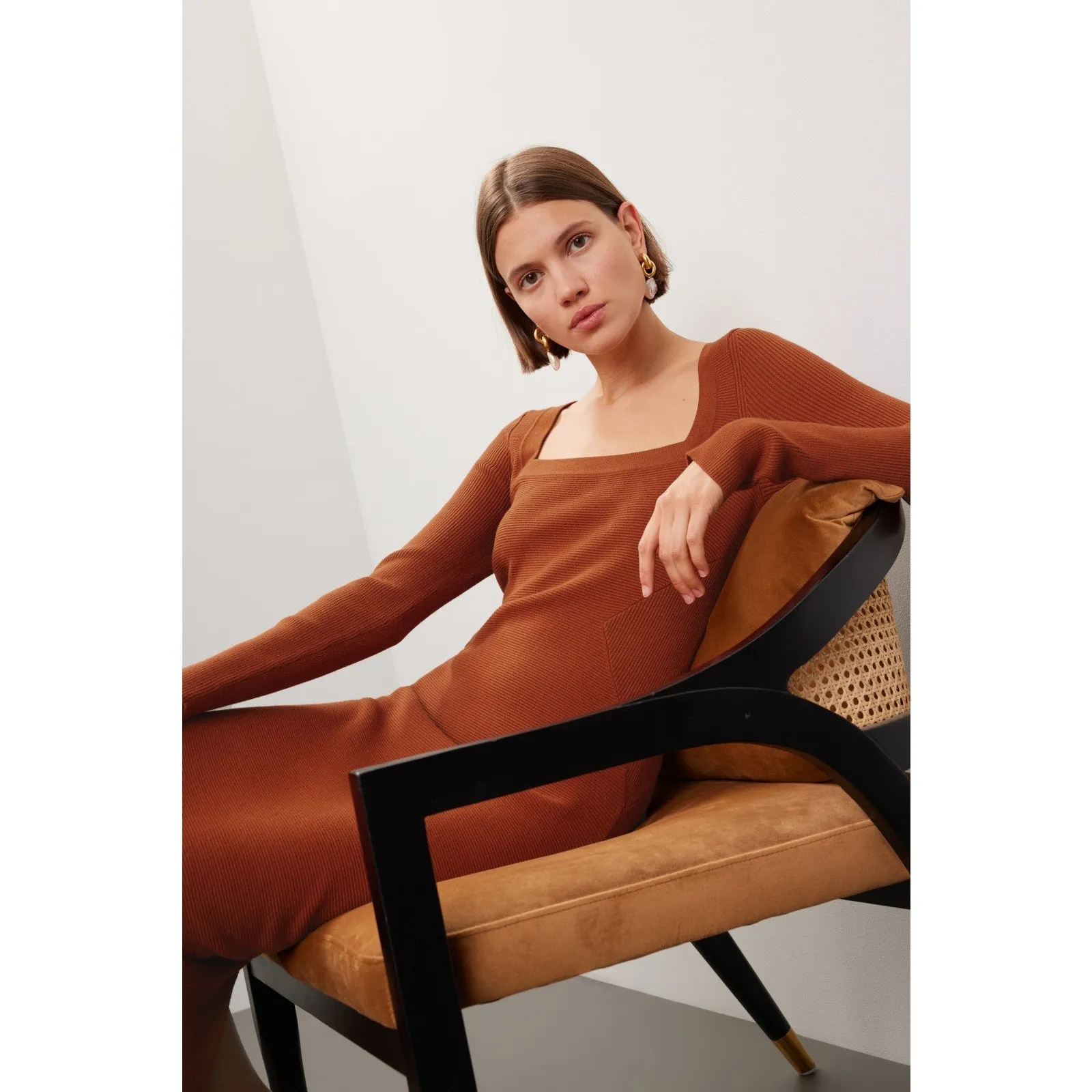 Toccin Rust Brown Sweater Knit Long Sleeve Square Neck Midi Dress Size Medium - Image 4