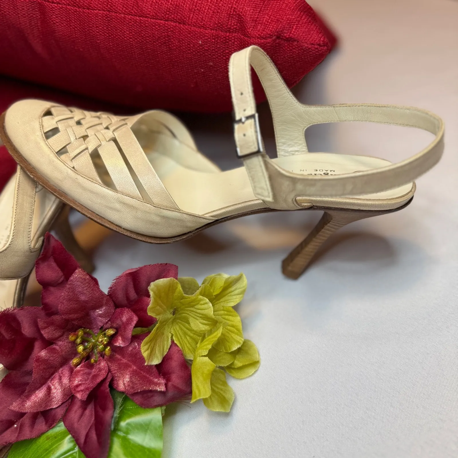 Angela Falconi Vintage Beige Woven Italian Made Leather Slingback Heels Size 39 Tan - Image 5