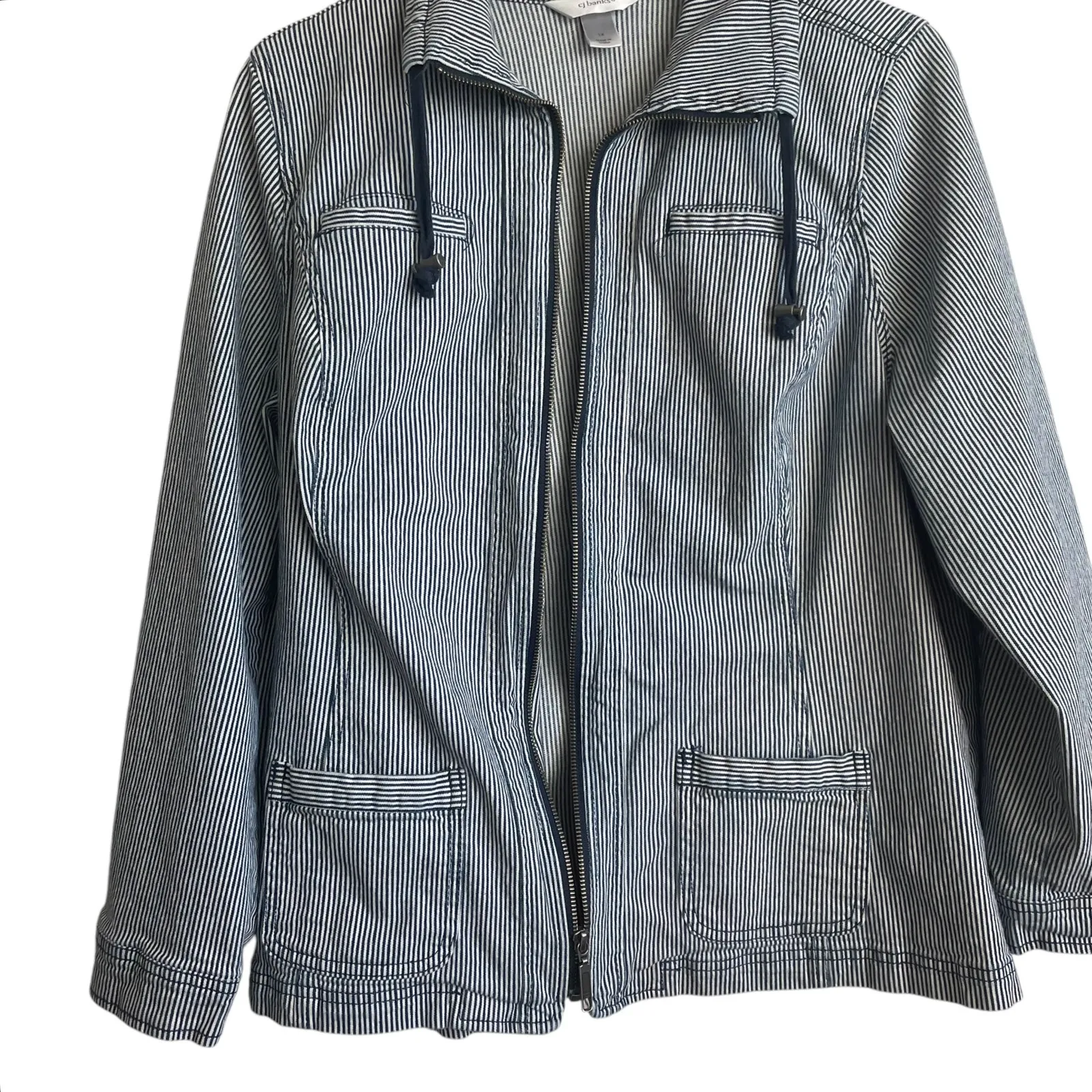 CJ Banks Women Jean Jacket 1X Navy Striped Denim Western Cowgirl Sustainable‎ Blue - Image 5