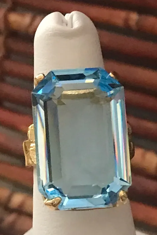 Large Blue Glass Statement Ring 18KT Gold Filled Size 5 - Image 2
