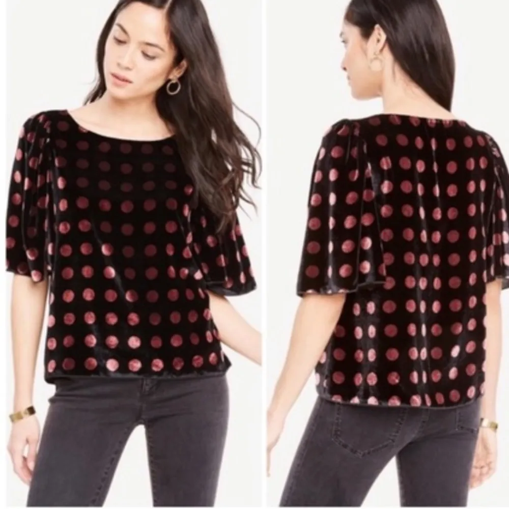 Ann Taylor Velvet Polka Dot Oversized Short Sleeve Blouse Black Pink Small - Image 3