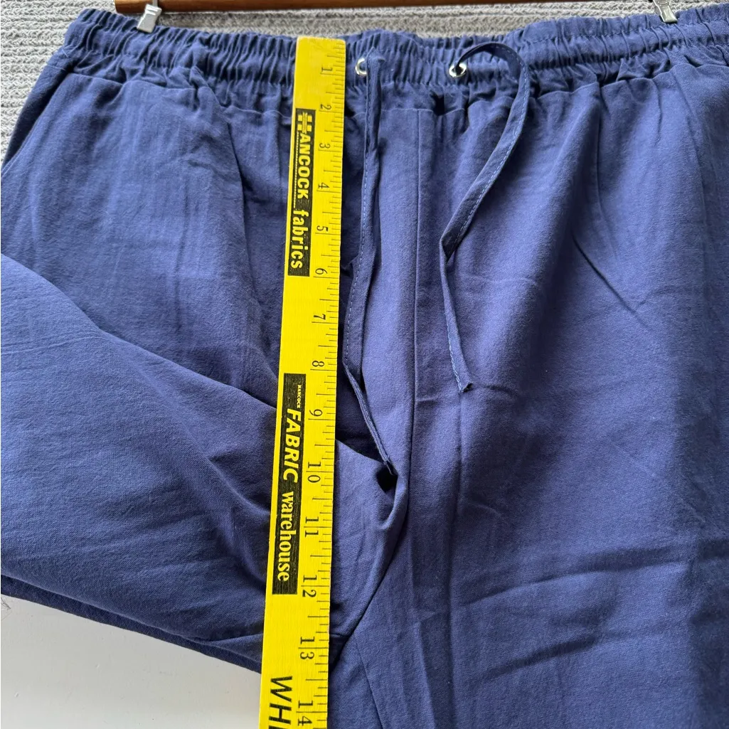 Navy Blue Cotton Linen Drawstring Waist Wide Leg Pants Size Large - Image 5