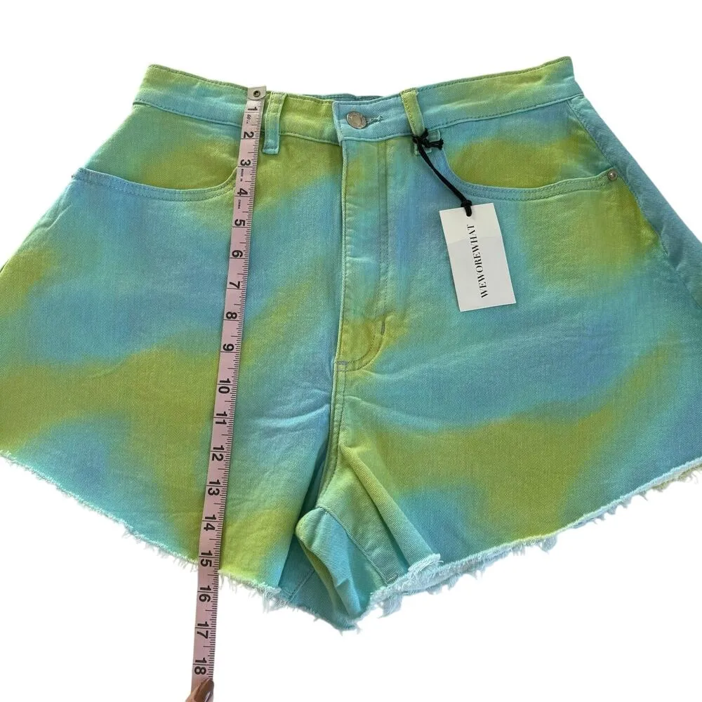 WeWoreWhat Revolve Flare Bell Short Stretch Twill Denim Blue & Green Tie Dye 28 - Image 5