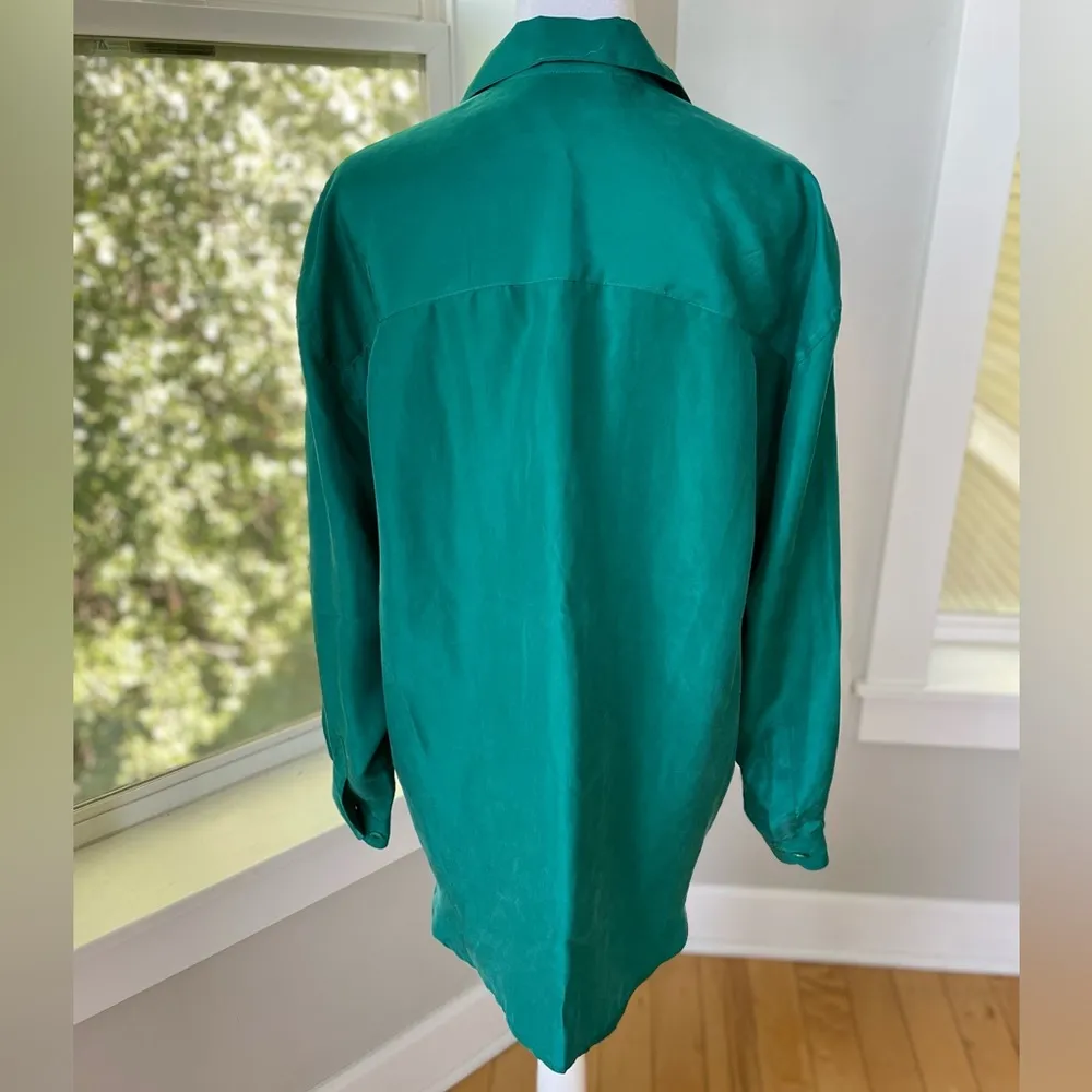 Vintage Teal 100% Silk Oversized Button Down Shirt Size Medium 80s 90s Green - Image 5