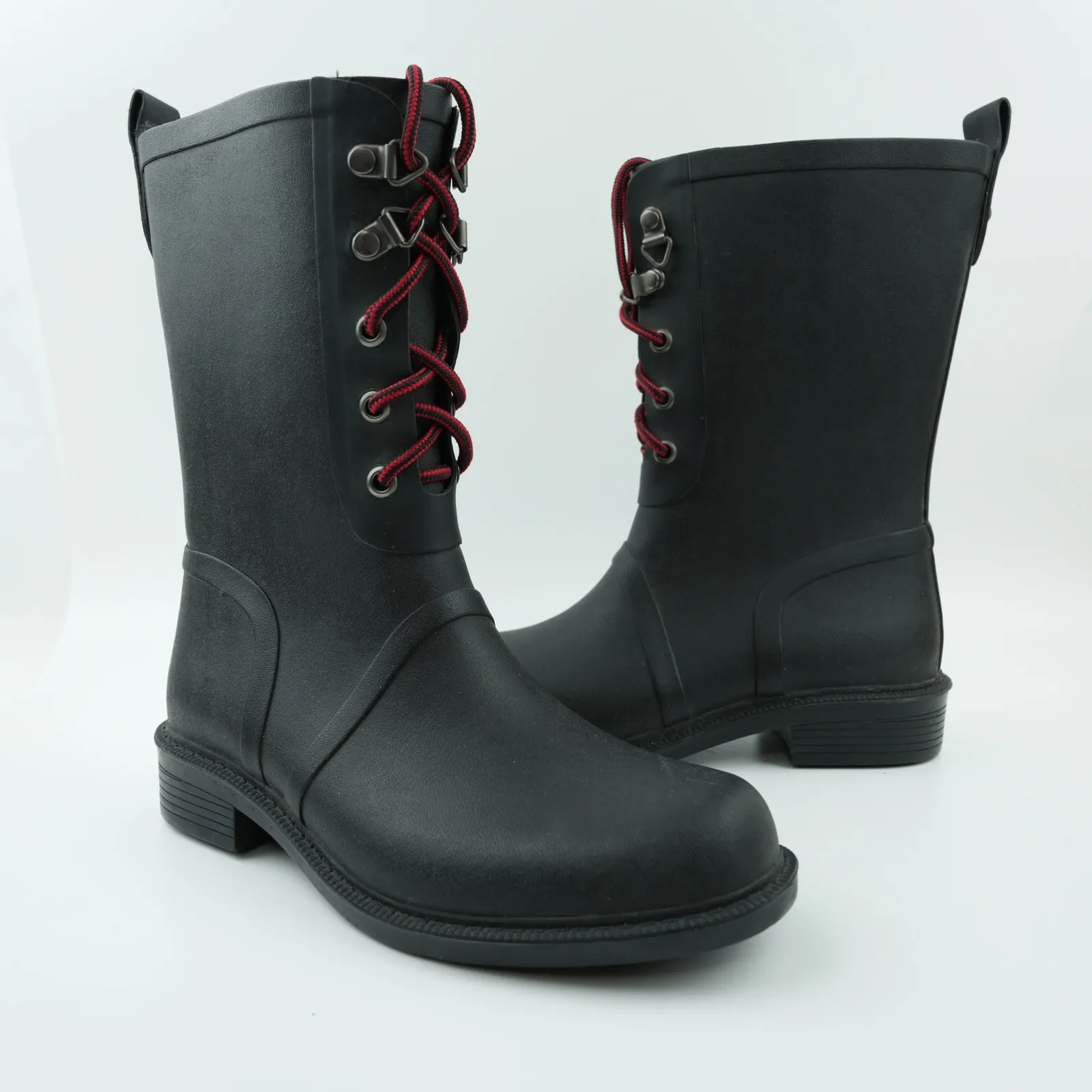 Merona Rain Boots Womens 6 Black Rubber Waterproof Lace Up Red Laces Utility - Image 2