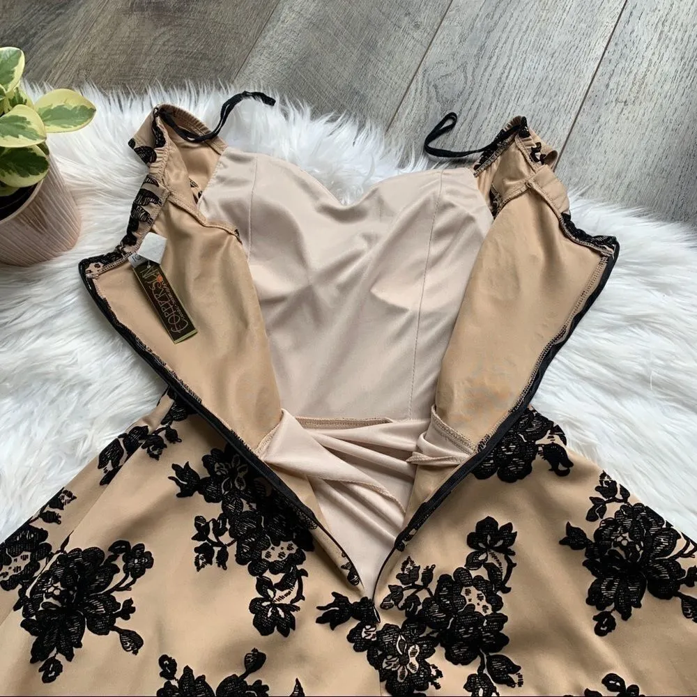 FE Forever Nude and Black Velvet Floral Dress NWT Tan Size M - Image 14