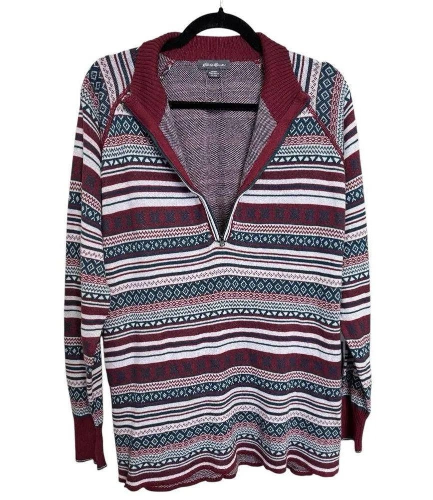 Eddie Bauer Fair Isle Burgundy Blue Striped 1/4 Zip Women’s Sweater Sz 2xL - Image 2