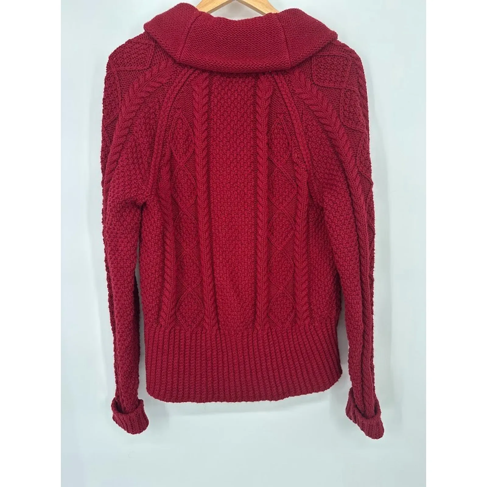LL Bean Signature Chunky Knit Fisherman Shawl Collar Cardigan Sweater Medium Red - Image 4