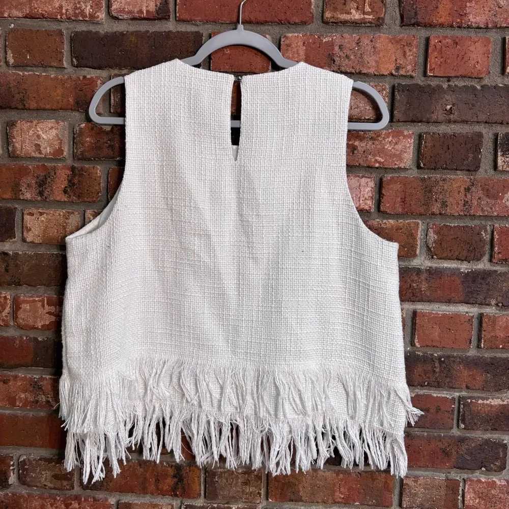Mud Pie womens River Fringe tweed sleeveless top office preppy white L - Image 3