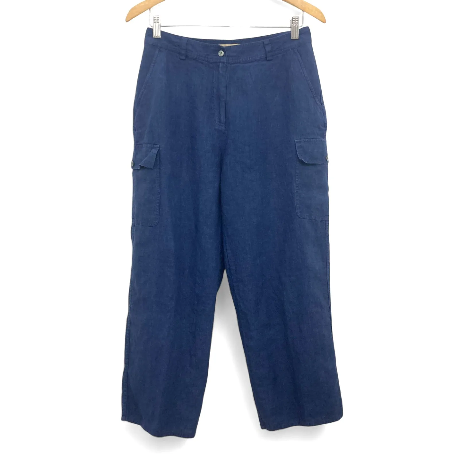 Kate Hill Cargo Pants Size 6 Navy Blue 100% Linen Wide Leg Utility Pockets - Image 2