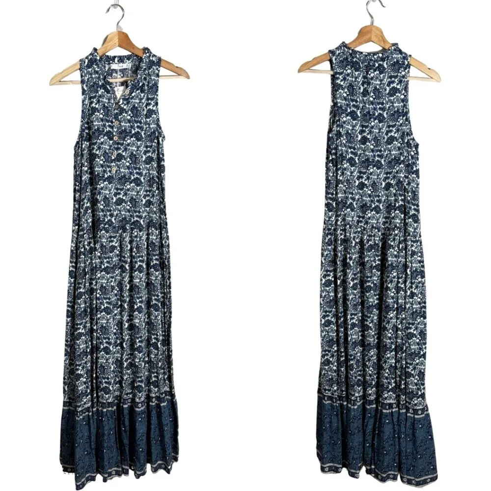 Mango Floral Paisley Print Button Up Tiered Maxi Dress Women's 2 Blue White NWT - Image 3