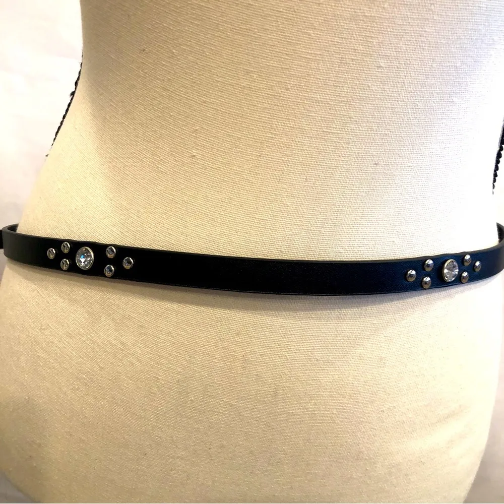 Womens Black Faux Leather Belt with Studs and Gems Silver Buckle 38 inches - Image 4