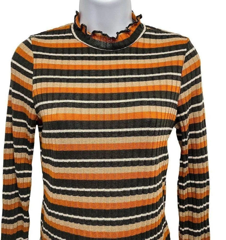 Gaze Retro Ribbed Metallic Striped Ruffle Hem Long Sleeve Fitted Top Shirt - Image 46