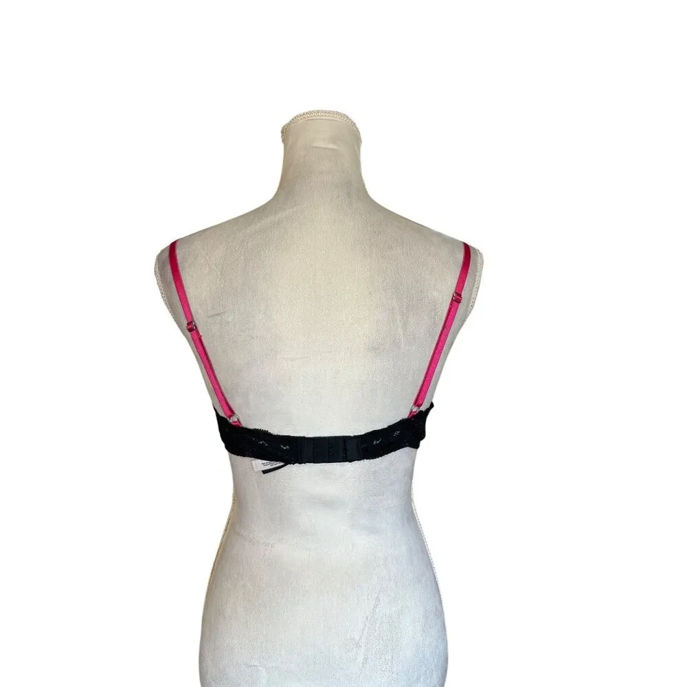 Adore Me Black Pink Lace Underwire Bra Bow Detail Cut Out Goth Vampire Sexy 34C - Image 3