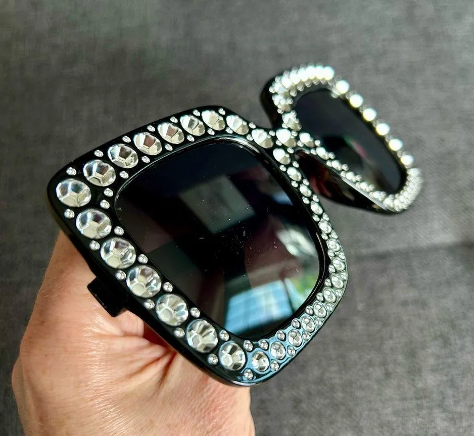 Sparkly, Fluted Rhinestone Rimmed Sunglasses, Black, Silver Black - Image 5