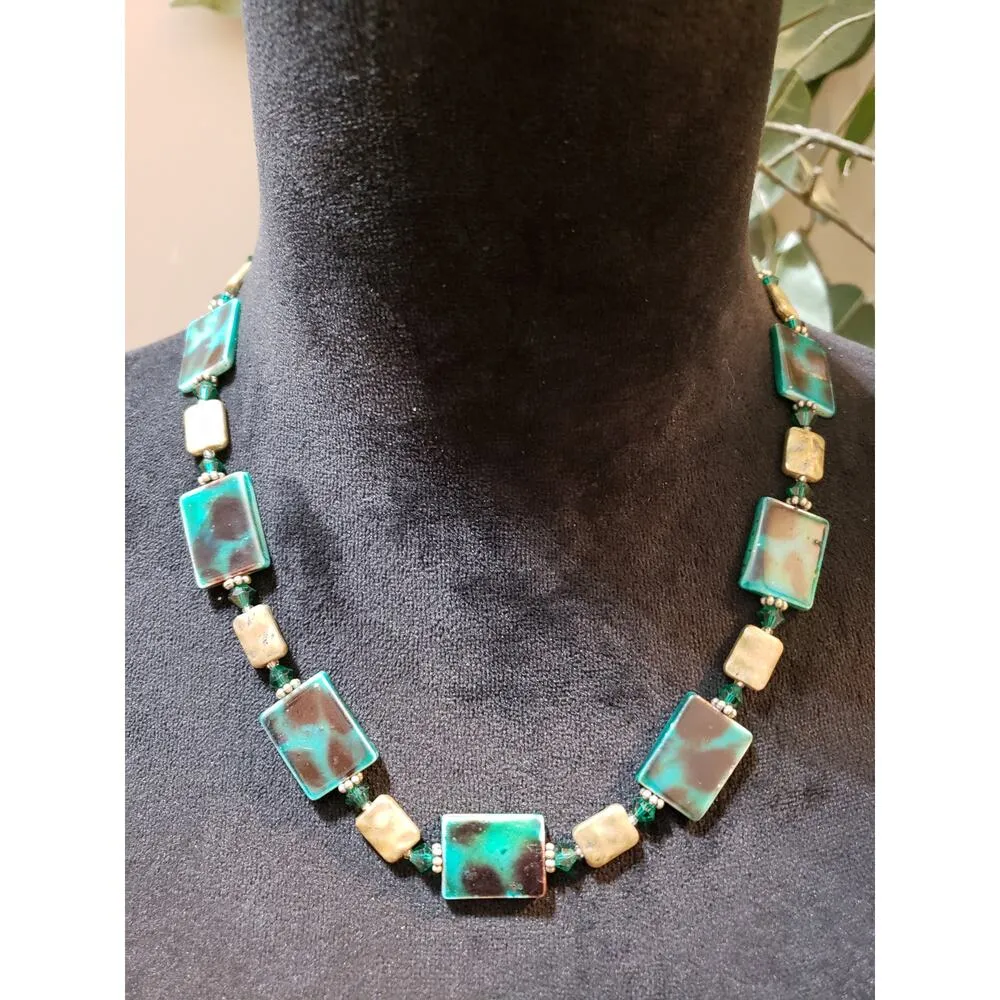 Womens Sea Blue Square Turquoise White Murano Link Stone Necklace with Lobster - Image 2