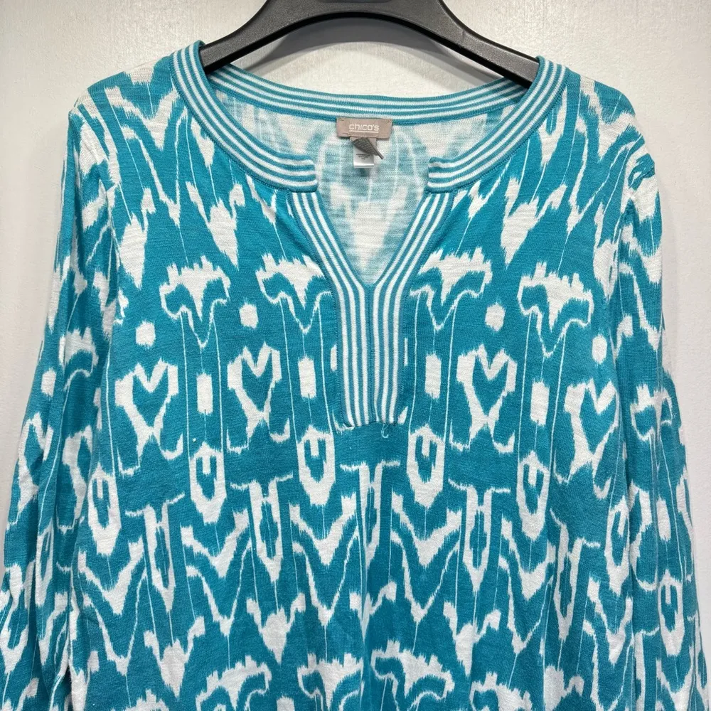 Chico’s Turquoise and White Ikat Striped Trim Lightweight Cotton Tunic Sweater - Image 3