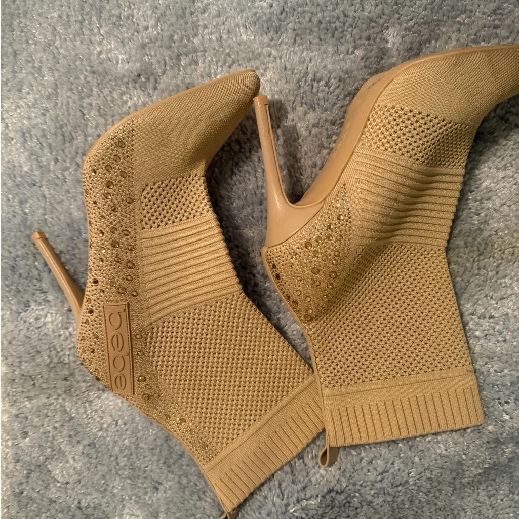 bebe Knit Ankle Booties in Beige with Gold Studs - Image 3