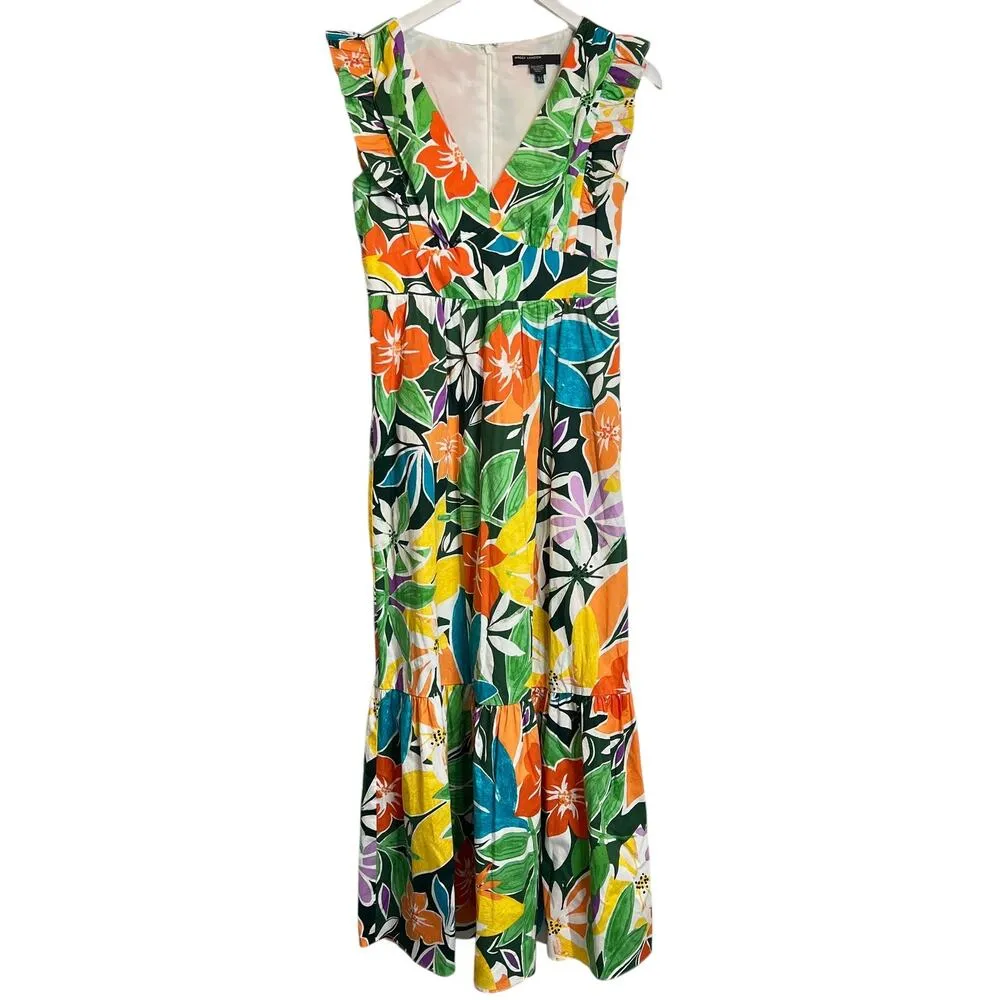 Maggy London Floral Midi Dress Ruffle Sleeve V-Neck Multicolor Empire Waist, 2 - Image 2