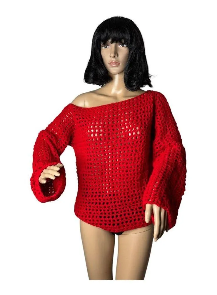 Vintage Grandma made crochet red sexy off shoulder sweater size medium - Image 4