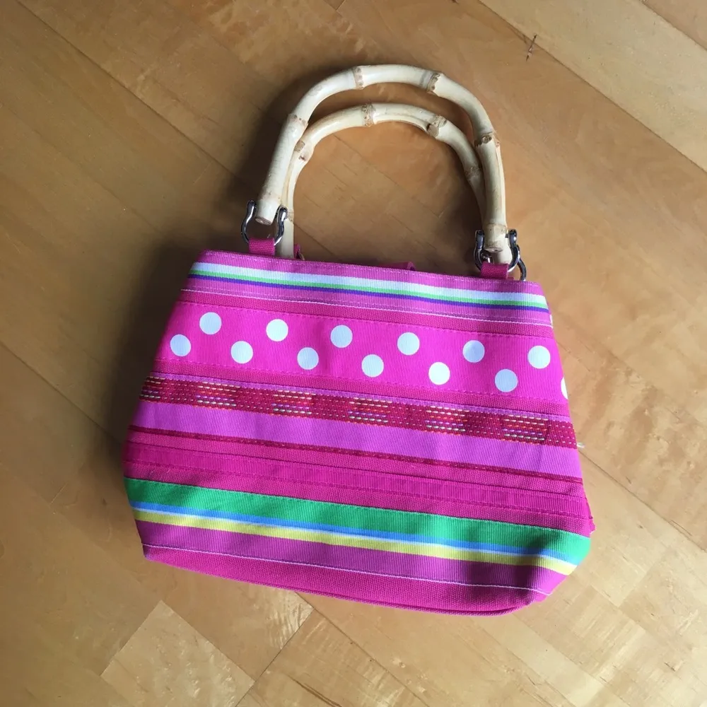 Mercer & Madison Bamboo Handle Mini Bag, Stripes, Polka Dots, Neon Pink, Green Pink - Image 3
