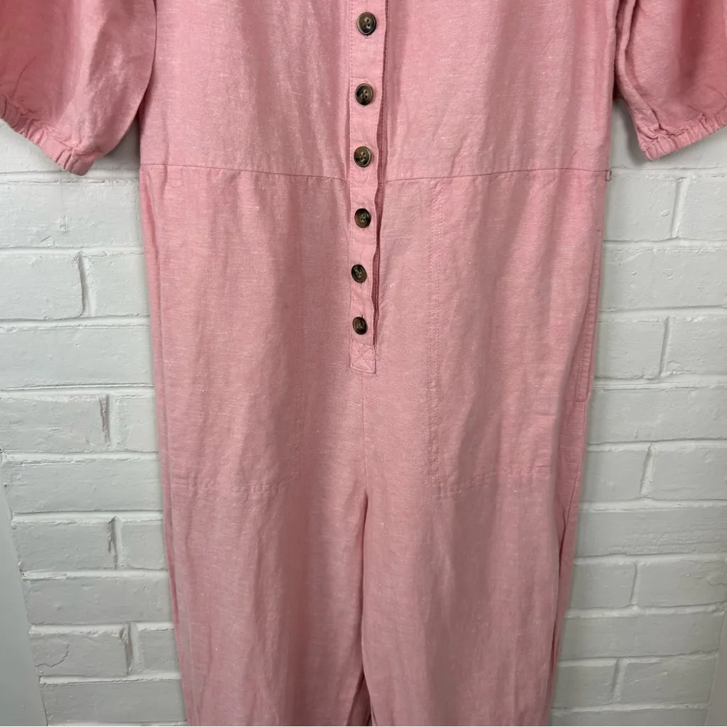 Madewell Pink Linen Puff Sleeve Waist Tie Jumpsuit Size S - Image 6