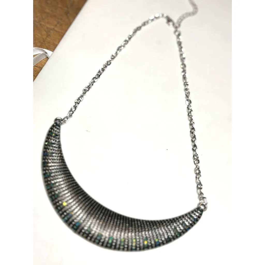 Black & Silver Bib Statement Necklace With Iridescent Accents Adjustable Chain L - Image 2