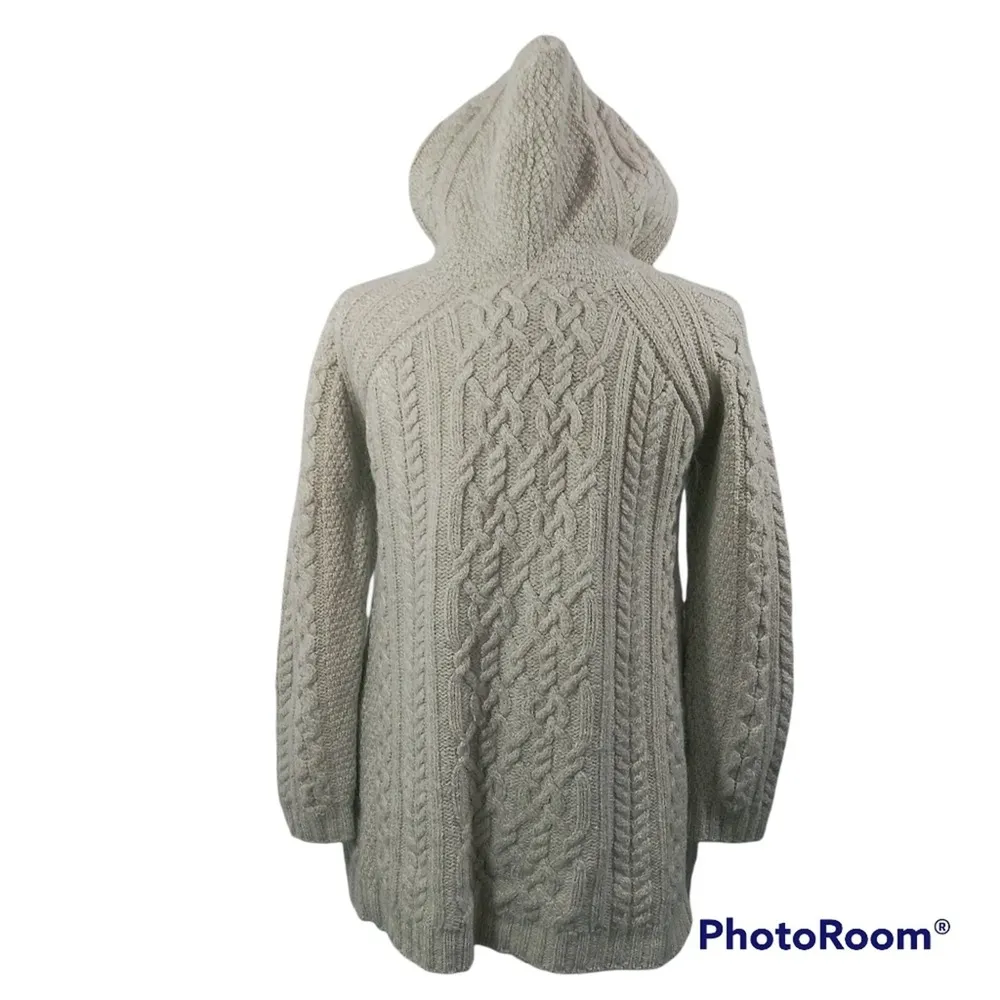 INIS CRAFTS IRELAND Merino Wool Oatmeal Button Down Hooded Cable Knit Sweater S - Image 2