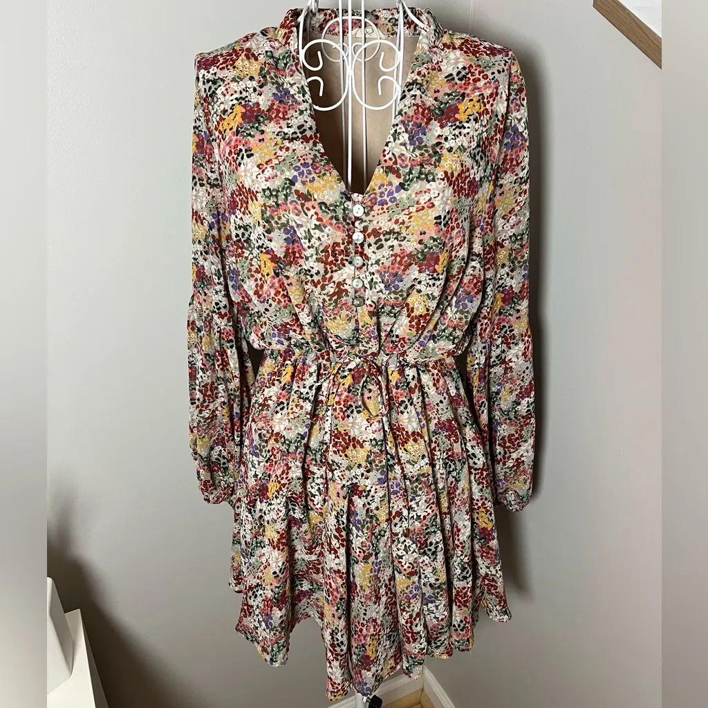Entro Multi Ditsy Floral Fit And Flare Long Sleeve Dress Sz L Feminine Romantic - Image 3