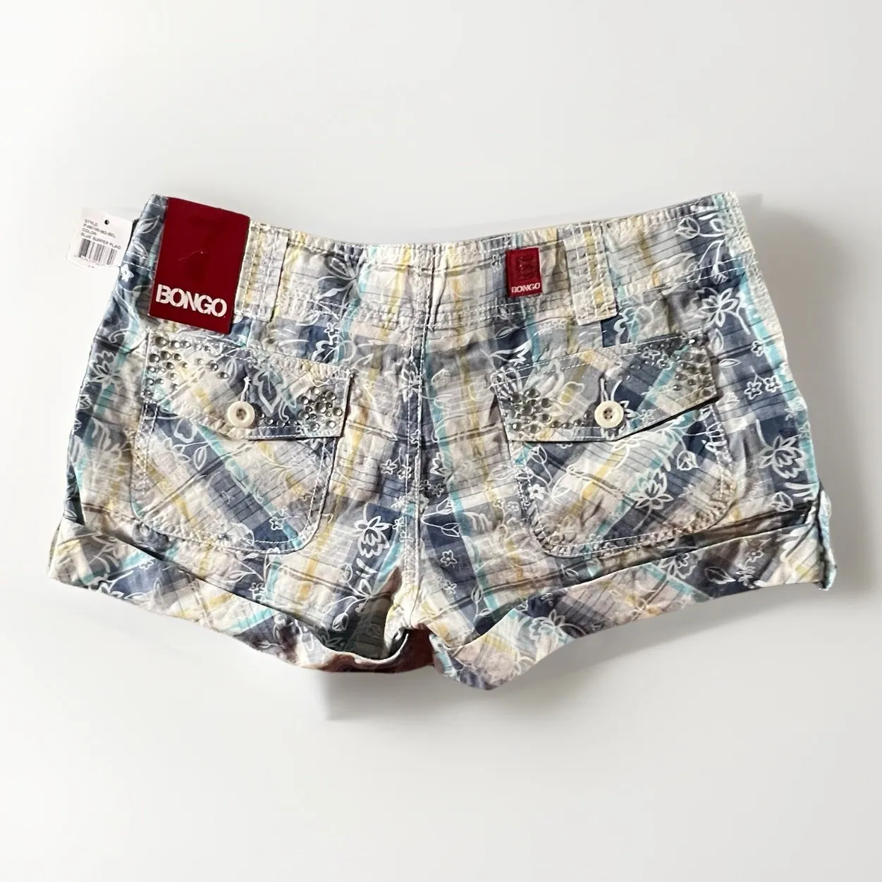 Bongo Blue Surfer Plaid Shorts Juniors‎ Sz 7 Cotton PLD Floral Print Cuffed NWT - Image 2