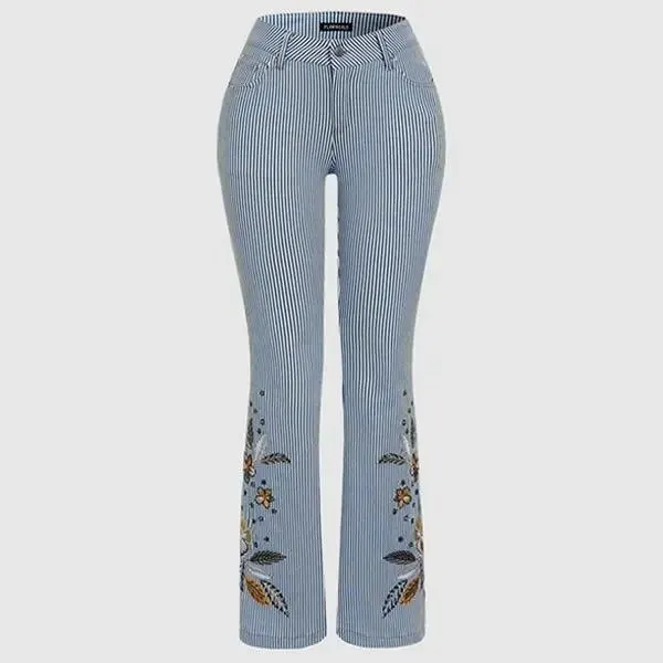 Flamingals Striped Embroidered Flare Jeans Light Blue 16 - Image 7