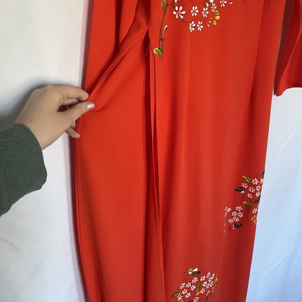Vintage Floral hand painted Red Maxi Dress Womens XL Long Sleeve high slits - Image 5