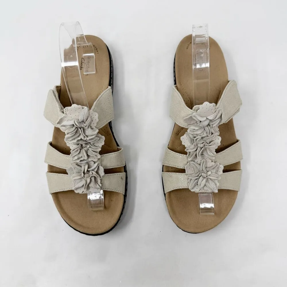 [Clarks] Cream Tan Leather Laurieann Judi Floral Comfort Sandals Hook & Loop 9 - Image 5