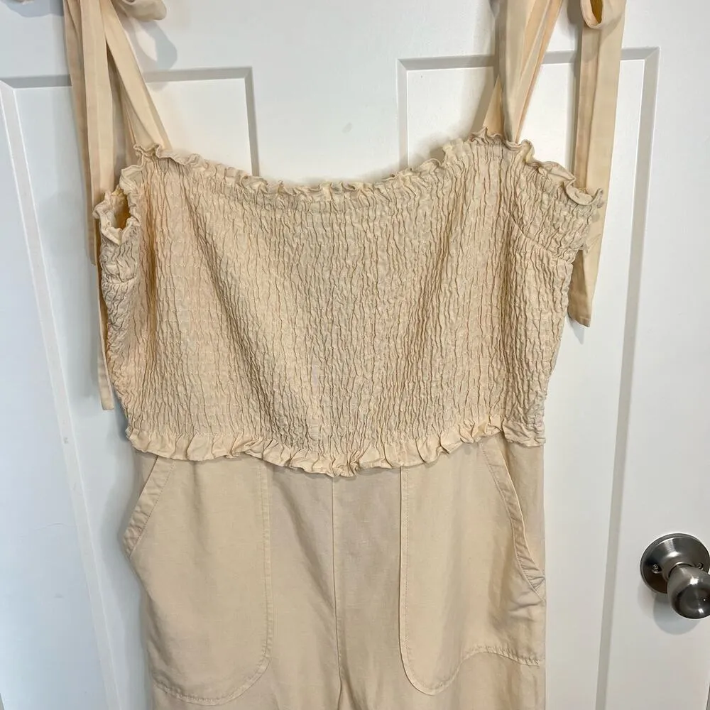 Rebecca Taylor Linen Blend Smocked Cropped  Jumpsuit Women’s Large* Cream - Image 5