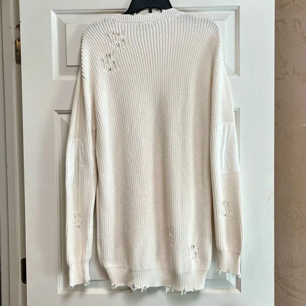 Ser.O.Ya Cream Devin Oversized Distressed Sweater Front Pocket Small White - Image 4