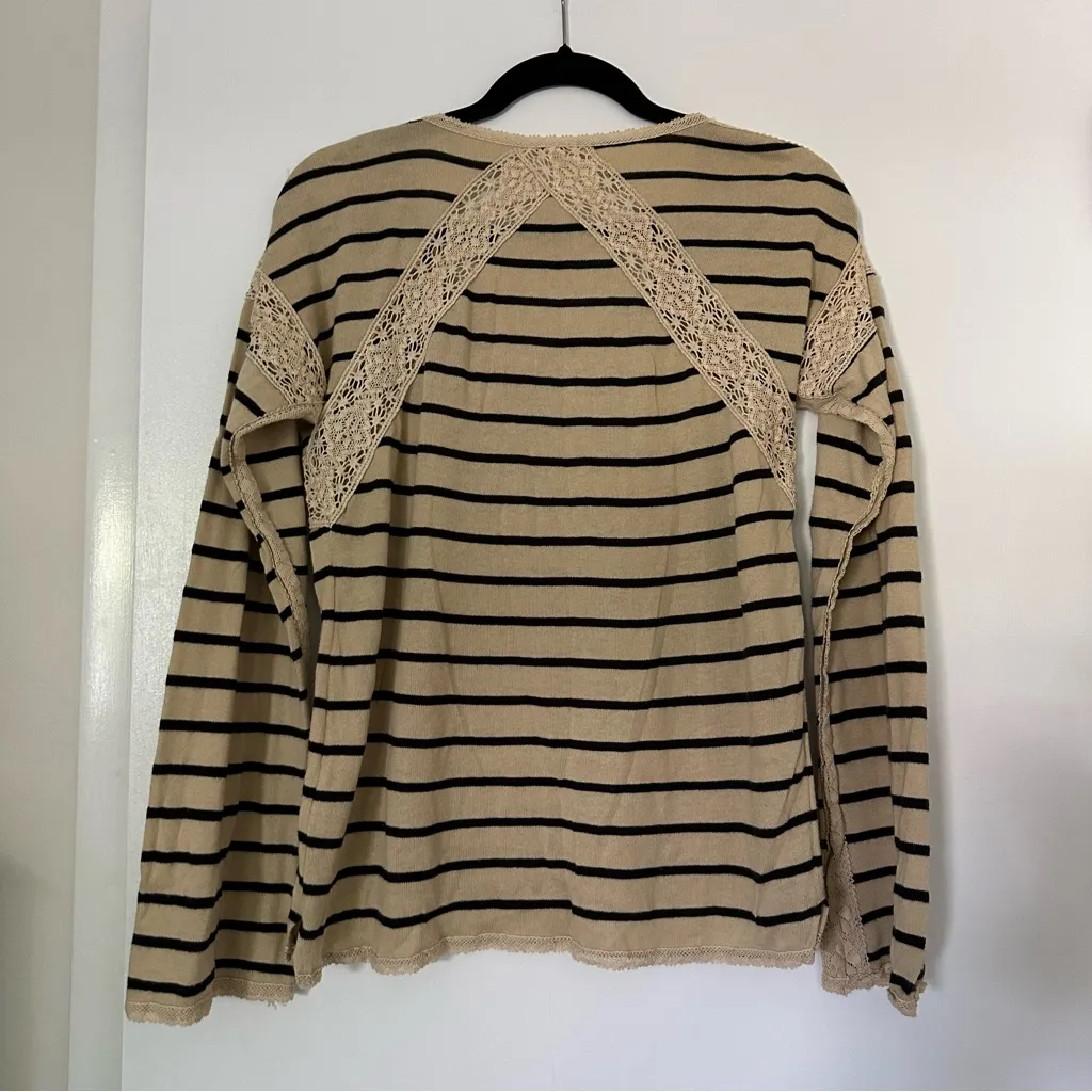 Free People Striped Cotton Crochet Lace Trim Long Sleeve Top Womens Small Boho - Image 5