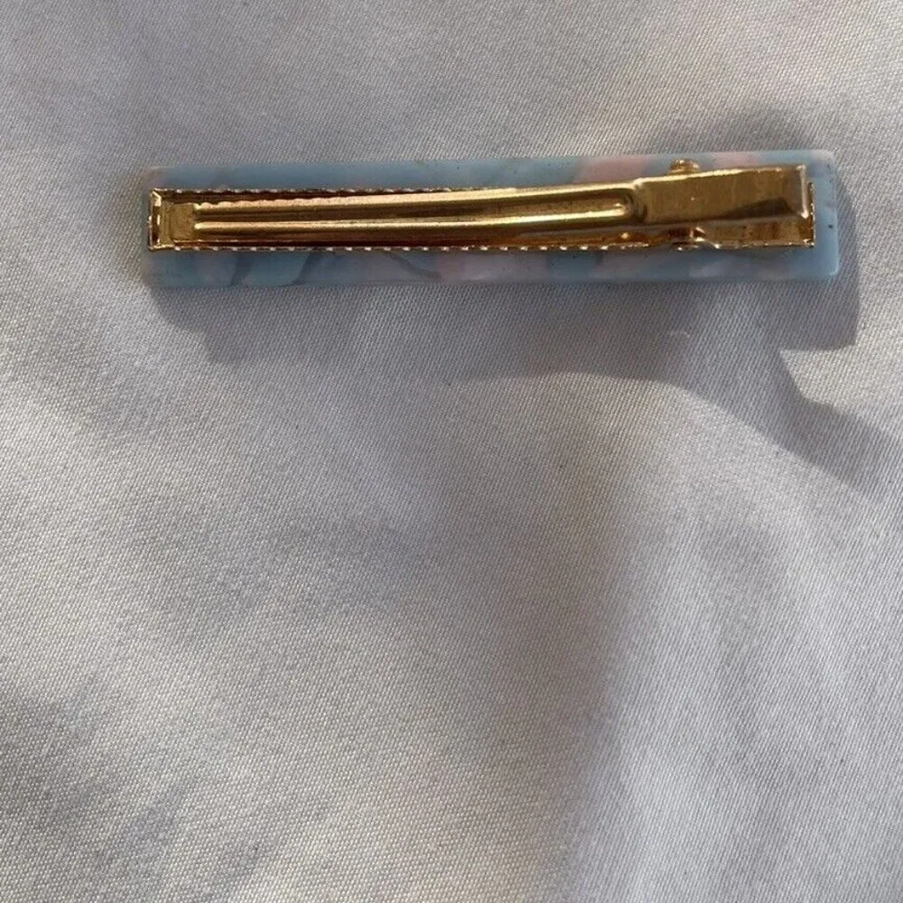 Vintage Women’s Blue Pink Flower Acetate Hair Clip womens Bronze Gold Metal Clip - Image 2