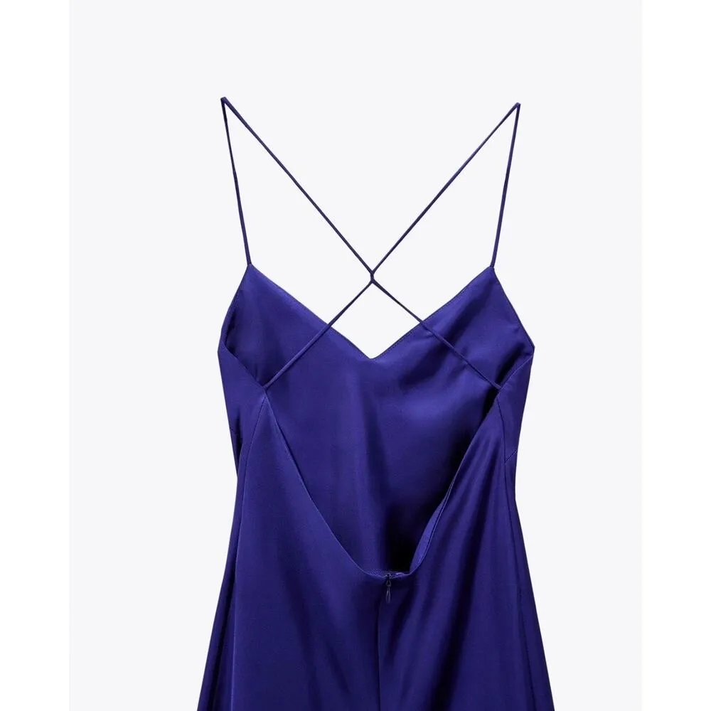 NEW Zara Blue Silk Satin Sleeveless Cami Camisole Maxi Slip Tank Dress Size XS - Image 6