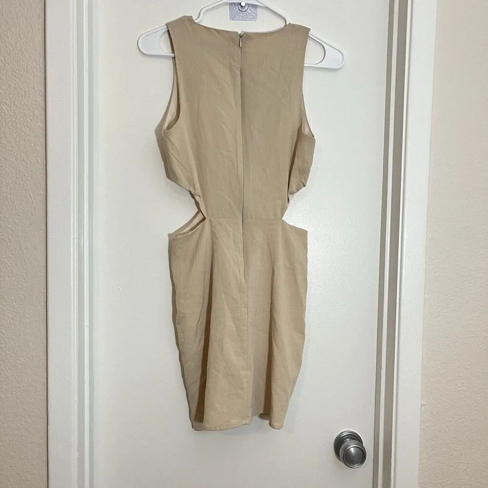 Kourt Dress Sz S Tan Beige Mini Bodycon Cut Out Midriff Sleeveless Tank Short - Image 2